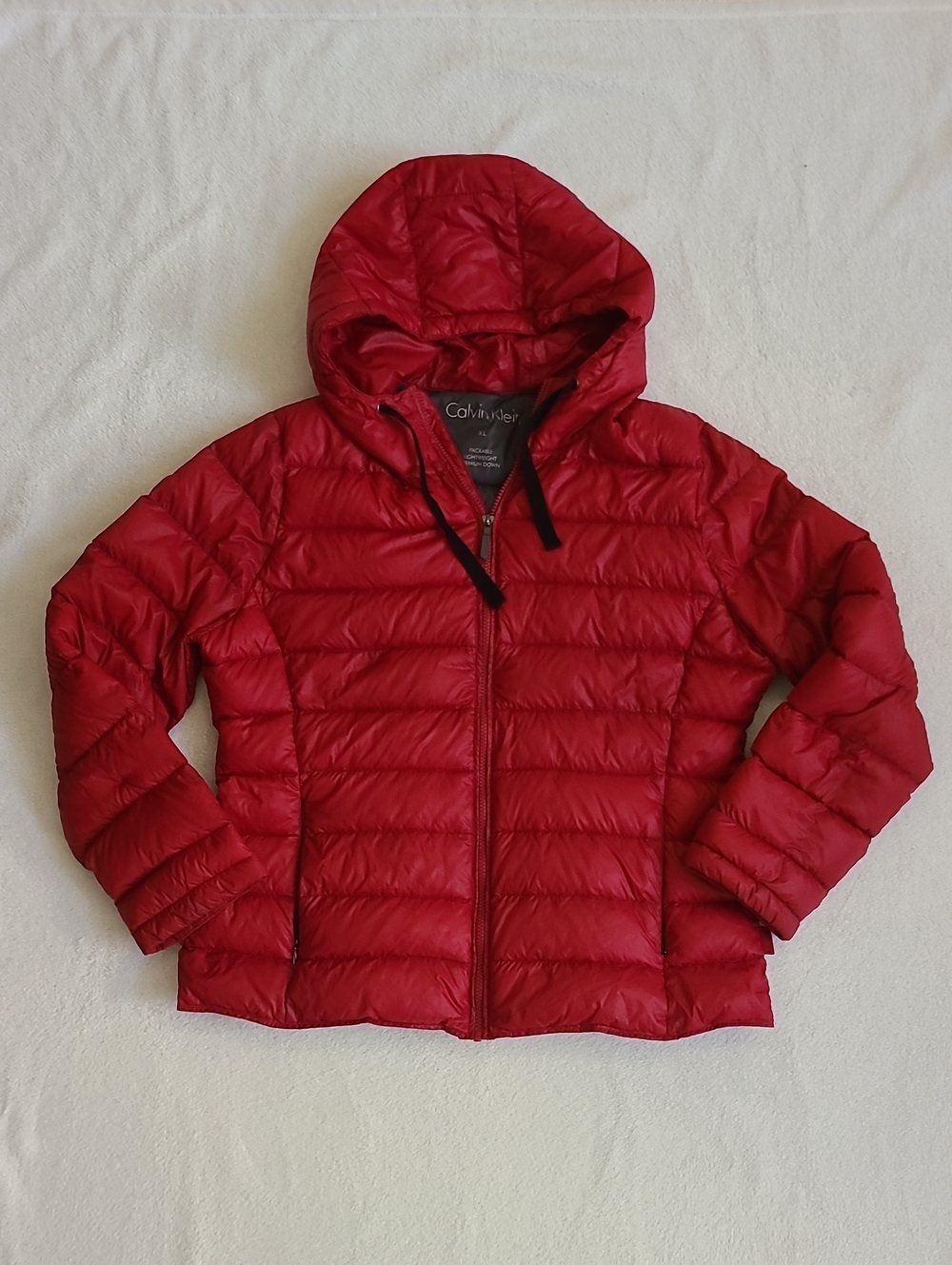 Calvin Klein Red Packable Lightweight Premium Down Duck Hooded Puffer Jacket XL